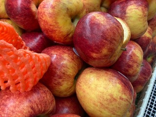 Close up view of red apples. A tray full of granny smiths. Apple background