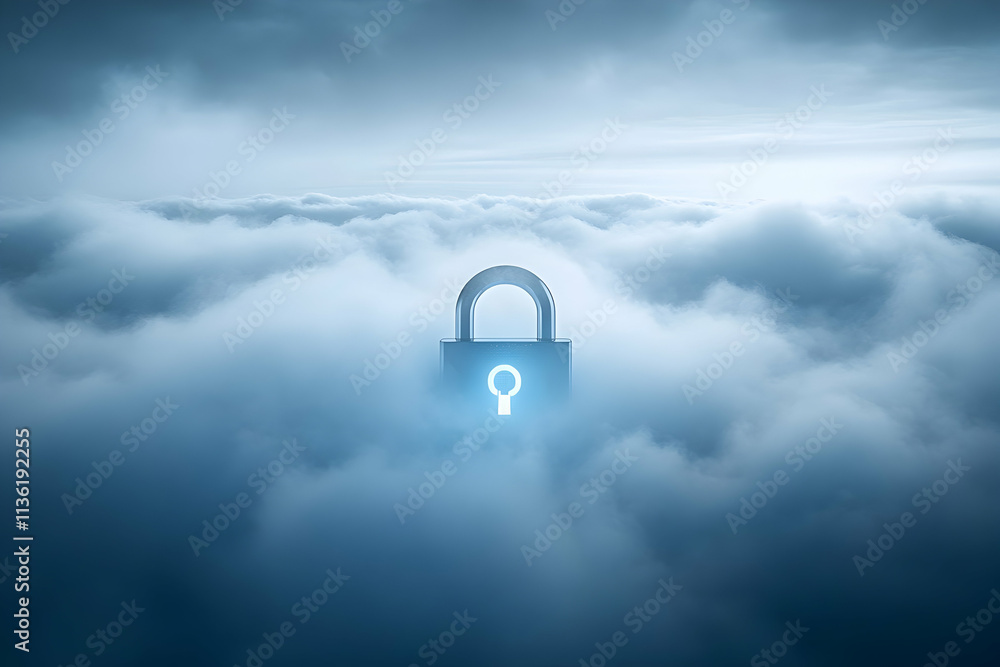 Poster glowing padlock icon in clouds, symbolizing secure cloud data storage.