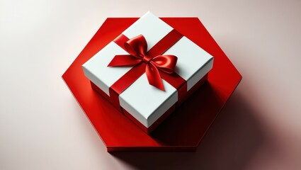 Obraz premium Christmas gifts, white gift box with red ribbon, silver wrapped presents, red background, pine cones, ornaments, holiday decorations, festive scene, high contrast, overhead view, studio lighting, macr