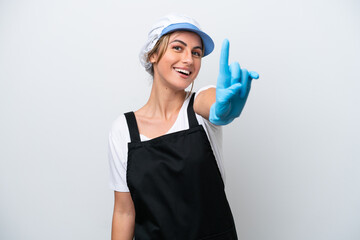 Fishwife woman isolated on white background showing and lifting a finger