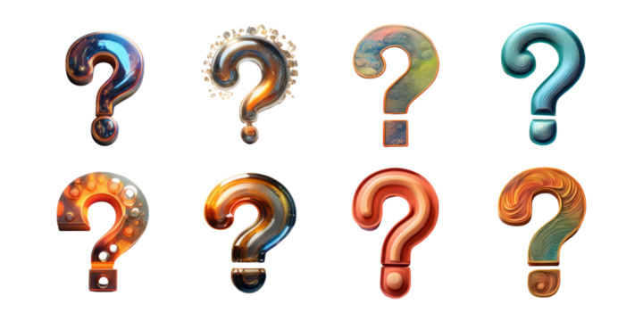 Colorful Question Marks in Abstract Designs, PNG collection, set bundle, isolate on transparent or white background