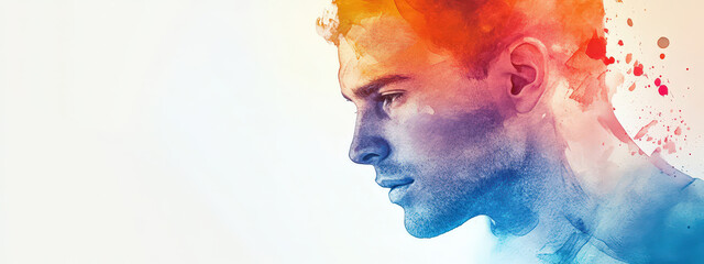 A man's face is painted in blue, red, and yellow