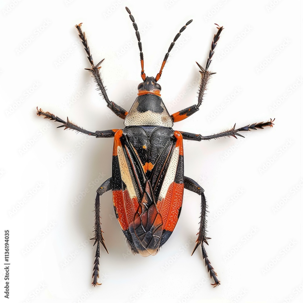 Poster close up of a colorful broad headed bug showcasing its intricate patterns and spiny legs against a w
