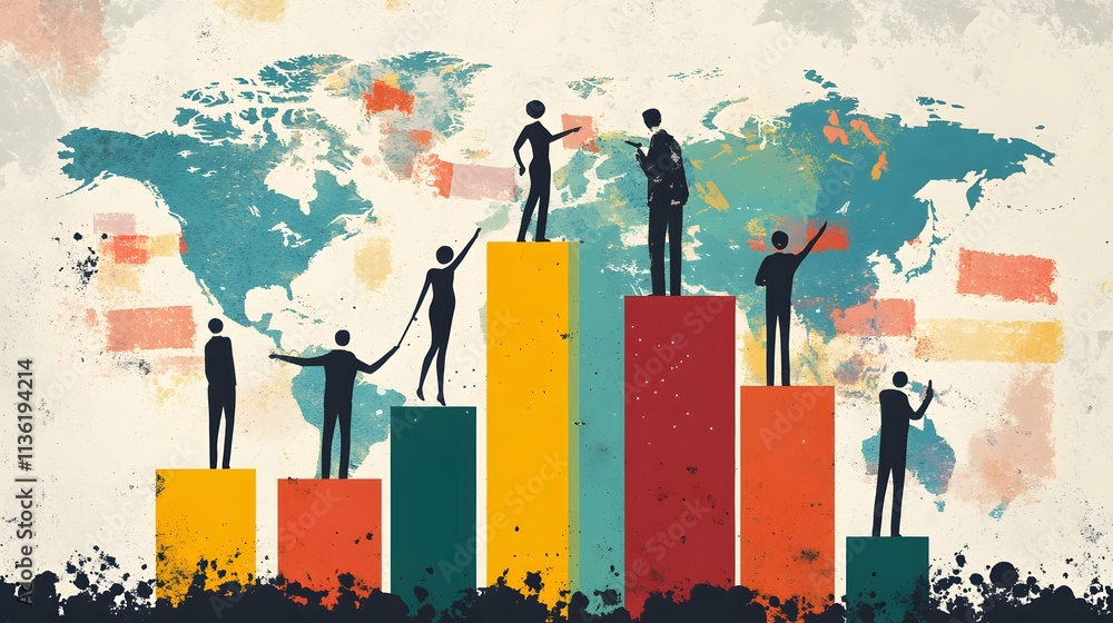 Poster visualizing growth: bar charts and team effort in global business goals