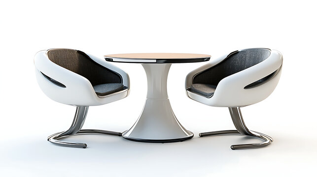 Two white chairs are sitting in front of a table