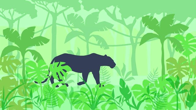 Beautiful landscape with a lion walking in the tropical forest (animation, seamless loop)