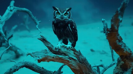 Majestic Owl Perched on Driftwood in Underwater Scene