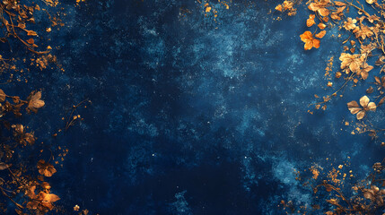 Golden autumn leaves frame on dark blue textured background.