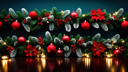 Christmas decorations, poinsettia flowers, pine branches, red berries, fairy lights, dark background, festive, holiday atmosphere, close-up, vibrant colors, traditional Christmas ornaments, garland, e