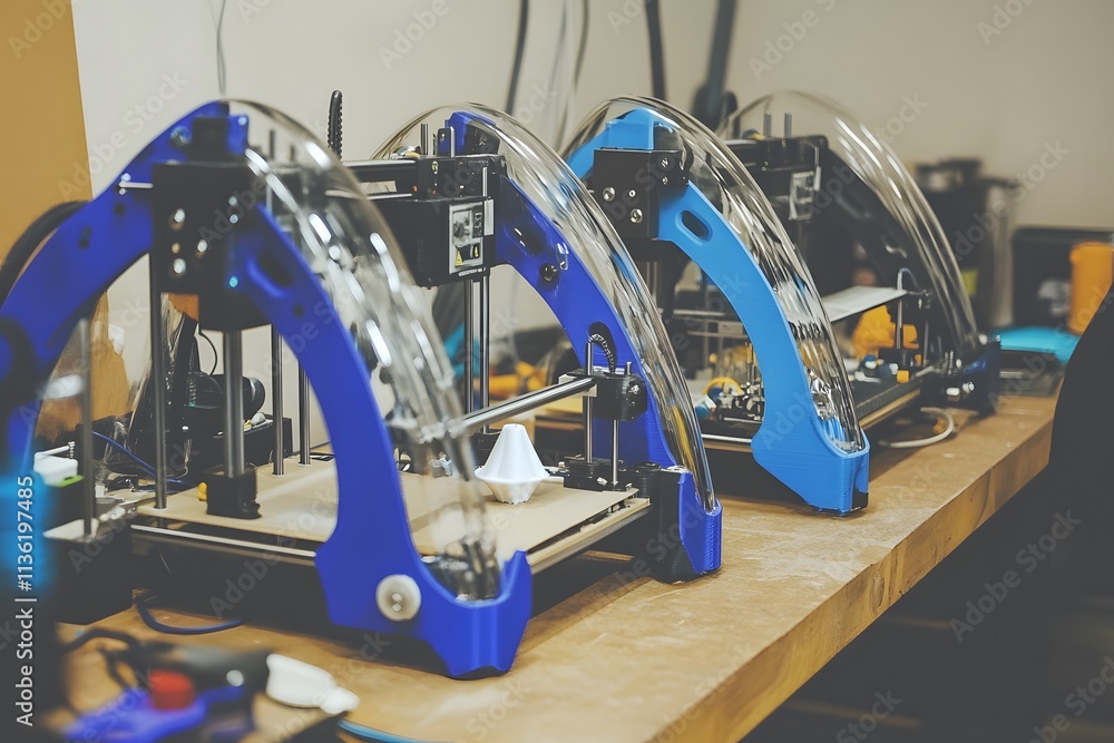 Poster three 3d printers on a workbench, ready for creating designs and prototypes.