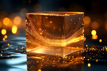 Golden liquid inside glass cube on water.