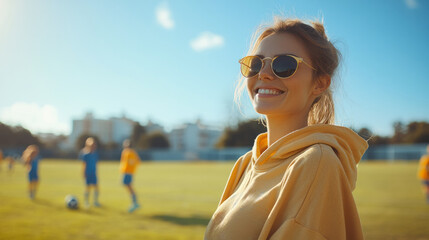 A cheerful soccer mom stands on a sunny day, smiling as she watches the youth soccer game unfold in the park, surrounded by children playing and enjoying the sport