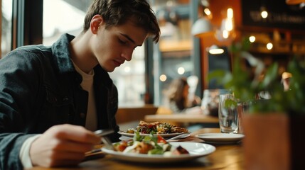 Young man enjoying gourmet street food served on elegant plates in a trendy urban restaurant, --ar 16:9 --v 6.1 Job ID: 783a6cbe-a7c0-4056-aac0-66b91ada38f9