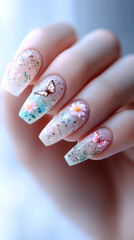 A hand displays exquisite nail art featuring floral designs and butterfly motifs, blending vibrant colors with sparkling details for an artistic effect