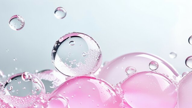 Macro photography, water droplets, soap bubbles, transparent spheres, pink background, reflections, refractions, high contrast, extreme close-up, surface tension, iridescent, hyper-realistic, 8K resol