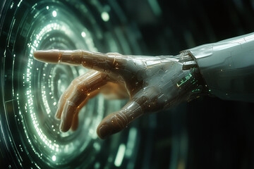 A robot's hand working on a futuristic touchscreen