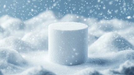 A wintery Christmas and New Year greeting card design with a cylinder-shaped snow product, snow standing in a gentle snowfall, creating a perfect copy space.