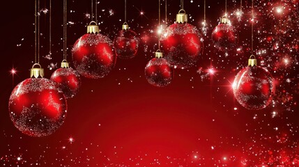 Beautiful red Christmas ornaments sparkling on a deep red backdrop, perfect for creating a holiday-themed greeting card or decoration.