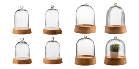 Glass Domes on Wooden Bases for Display and Decor, PNG set collection, isolated on transparent background