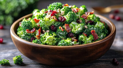 Fresh broccoli salad combines nutritious ingredients like cranberries, bacon, and sunflower seeds in a rustic wooden bowl, perfect for any meal or gathering