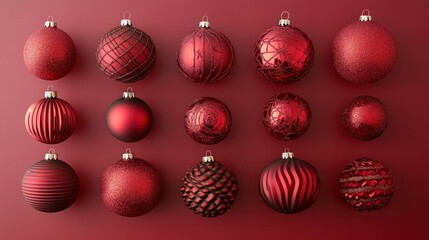 Obraz premium Red Christmas ornaments beautifully arranged against a rich red background, creating a warm and festive holiday ambiance.