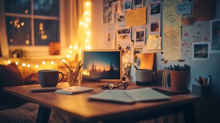 A close-up of a vision board filled with inspiring quotes, images, and goals for personal growth, with a cup of herbal tea beside it, creative workspace, real photo, stock photograph