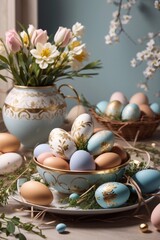 Obraz premium Easter decorative eggs in pastel shades in a basket close-up on the table. In the background a blooming branch and tulips and daffodils The atmosphere of spring and the holiday.