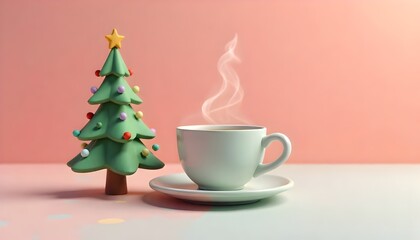 Fototapeta premium Tilt-Shift 3D Claymation of Steaming Hot Coffee Mug and Gift Box on Pastel Background for Special Sale