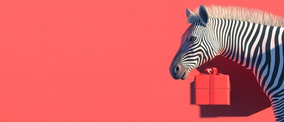 Zebra with a Red Gift Box Against Bright Coral Background