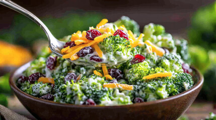 A spoonful of broccoli salad topped with cheese and cranberries is being served in a rustic bowl, surrounded by fresh broccoli and vibrant ingredients