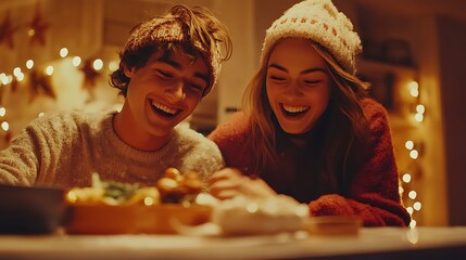A family engaging in a fun cooking session, preparing healthy meals together as part of their New Year resolutions for healthier living, joyful expressions, real photo, stock photograph