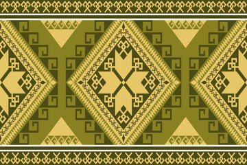 geometric pattern featuring intricate designs in green and yellow tones, showcasing diamonds and triangles with tribal aesthetic. This artwork is perfect for textiles or backgrounds