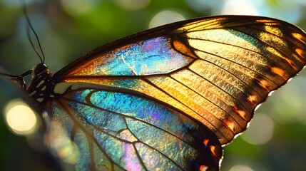 A brightly colored and shiny butterfly, showing its wings up close, allowing the intricate details to be clearly seen and beautifully captured.