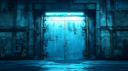 Obraz premium Grungy blue metal door in a dark industrial building, illuminated by a fluorescent light above.
