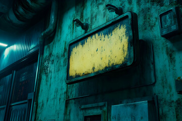 Grungy yellow sign on a teal wall in a dimly lit industrial hallway.