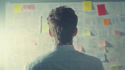 A man standing in front of a whiteboard filled with notes and diagrams, reflecting on the lessons learned in his career over the past year, focused expression, real photo, stock photograph