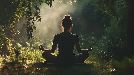 A woman meditating in a peaceful garden, surrounded by nature, symbolizing her New Year resolution for mindfulness and personal growth, soft lighting, real photo, stock photograph