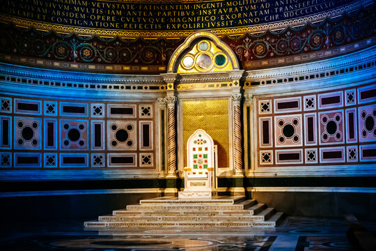 Interior and papal cathedra in Archbasilica of St. John Lateran in Rome, Italy