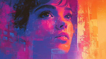 Woman's face with layered cityscapes in vibrant pink
