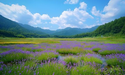 Lavender fields stretching under a clear sky radiate vibrant purple hues and a soothing fragrance