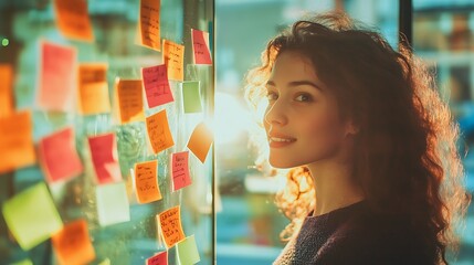 A woman standing in front of a mirror, confidently reviewing her New Year resolutions written on sticky notes, bright and motivational ambiance, real photo, stock photograph