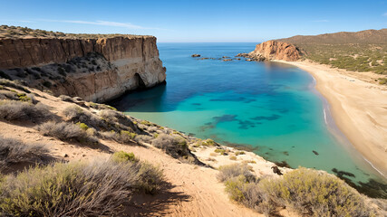 Scenic view of a rocky coastline with turquoise clear water, calm sea, and a bright blue sky on a sunny day.  
