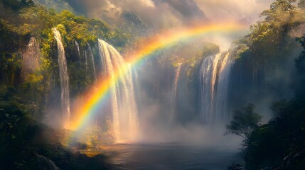 A waterfall with a rainbow in the sky. The waterfall is surrounded by rocks and the water is calm. The rainbow adds a sense of wonder and beauty to the scene