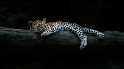 Sleeping leopard cub on a log at night.