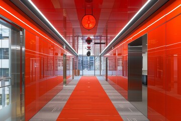 Obraz premium Modern Office Interior Design With Red Corridor, Glass Walls, and Contemporary Ceiling Lights