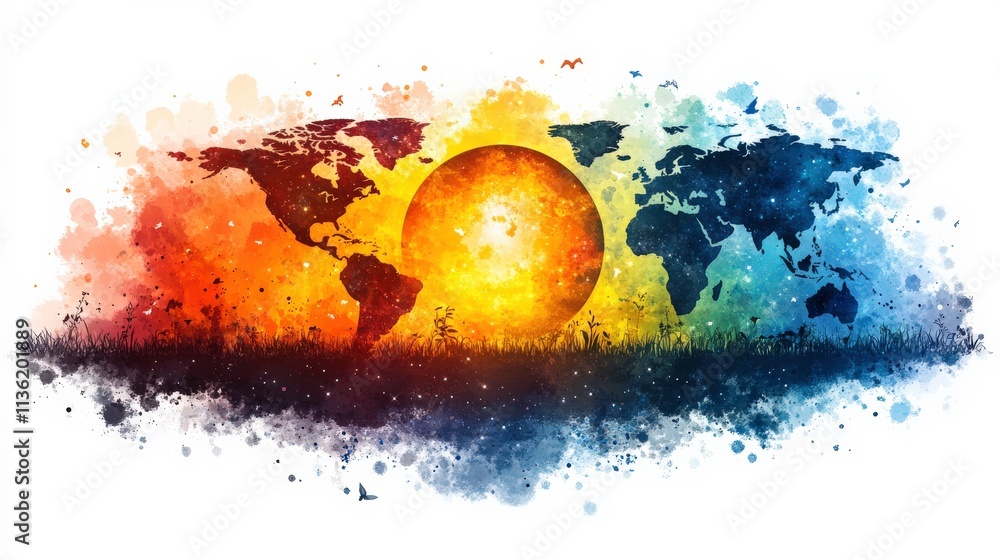 Poster vibrant artistic representation of earth and sun with colorful abstract elements creating a stunning