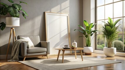 Mockup Poster Frame on Floor with Window Shadow in Modern Living Room, Ideal for Home Decor and Interior Design Showcases
