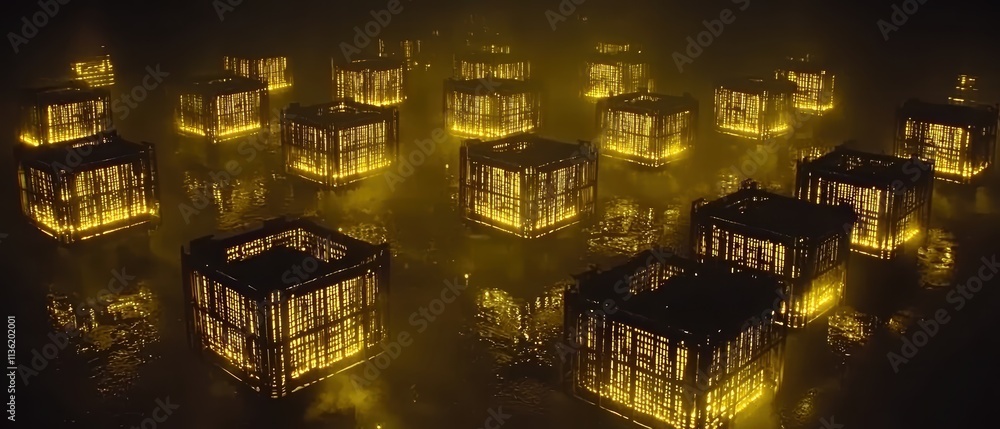 Poster ethereal glow of floating structures in enigmatic misty environment