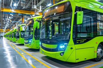 Green Electric Buses Lined Up in a Modern Factory, Sustainable Urban Transportation Concept.