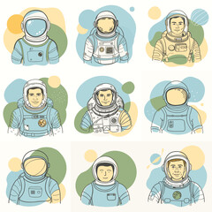 Set of astronaut in various poses in outer space. Spaceman galaxy exploration. Astronomy intergalactic star mission flight, galactic research concept. Flat man for comic, games and other design